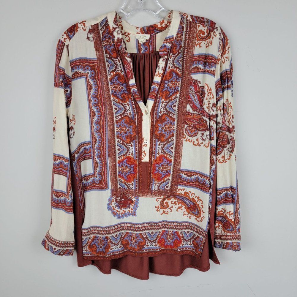 Anthropologie Tiny Beige Auburn Floral Split Neckline Button Up Tunic Top XS